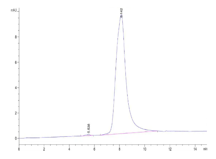HPLC chromatogram showing a main peak at 8.142 minutes and minor shoulder at 5.538 minutes, indicating recombinant protein purity and elution profile
