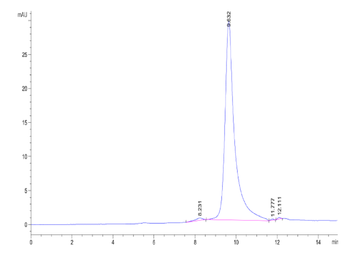 SEC-HPLC chromatogram displaying a primary protein peak at 8.6 minutes and minor peaks at 11.8 and 12.1 minutes, indicating purity and aggregate analysis.