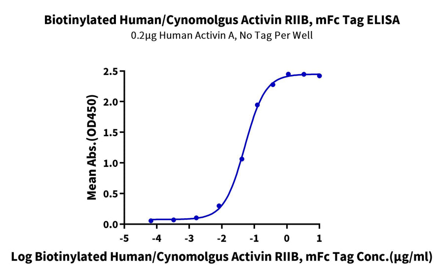 ELISA dose-response curve demonstrating the binding interaction between biotinylated human/cynomolgus Activin RIIB, mFc tag, and immobilized human Activin A, with increasing receptor concentrations corresponding to higher OD450 absorbance.