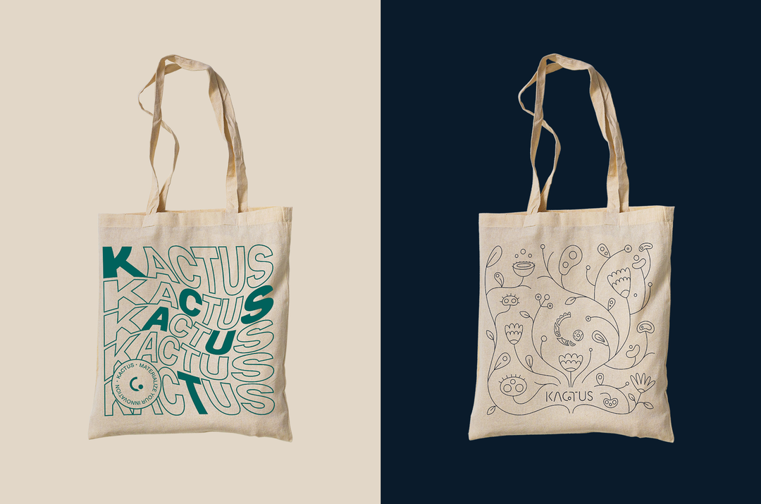 Tote bags designed with bold typography and abstract botanical patterns, printed on natural canvas material.