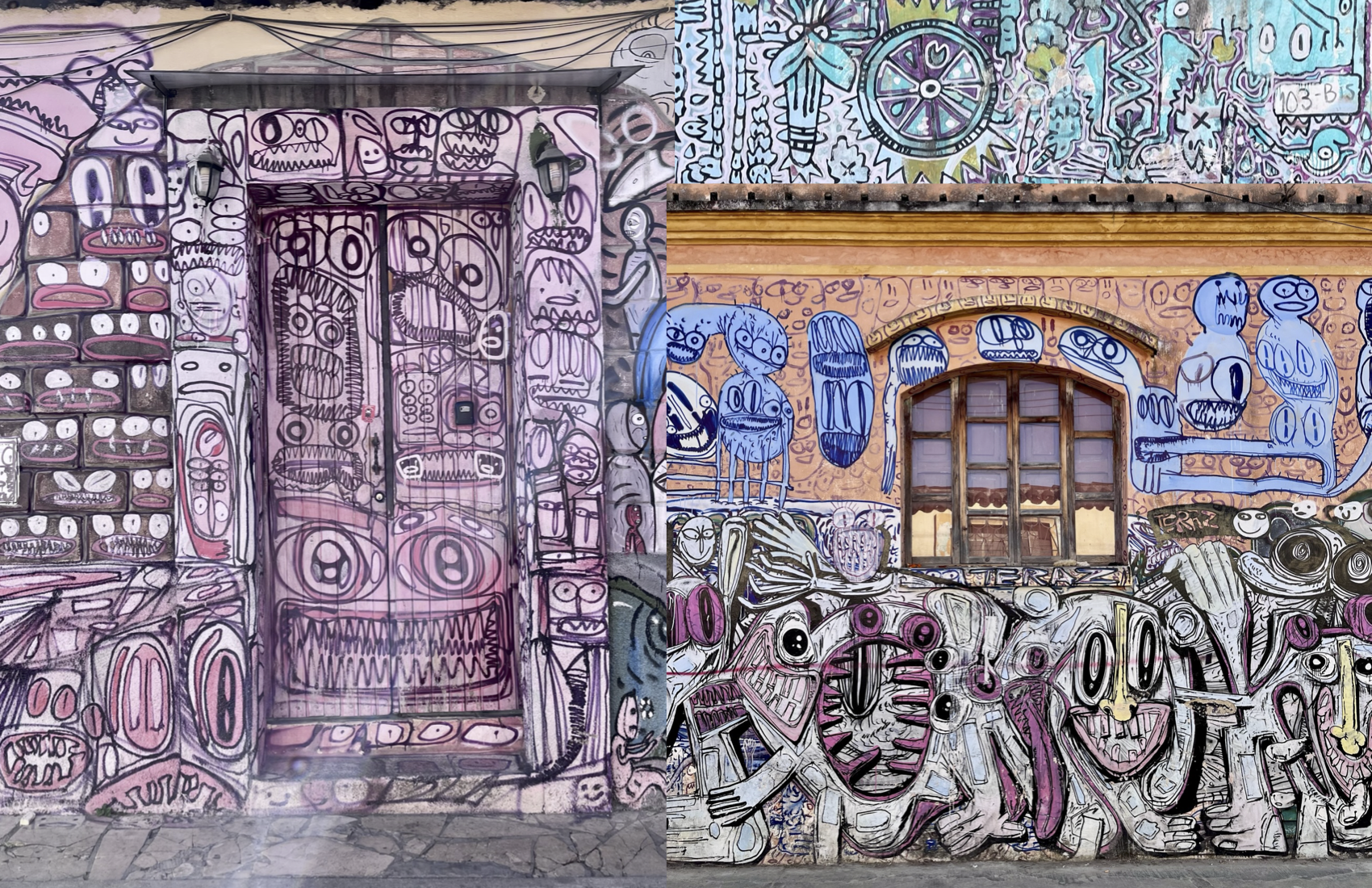 Street mural featuring expressive abstract line art and colorful cartoon-like figures painted across building facades in an urban setting.