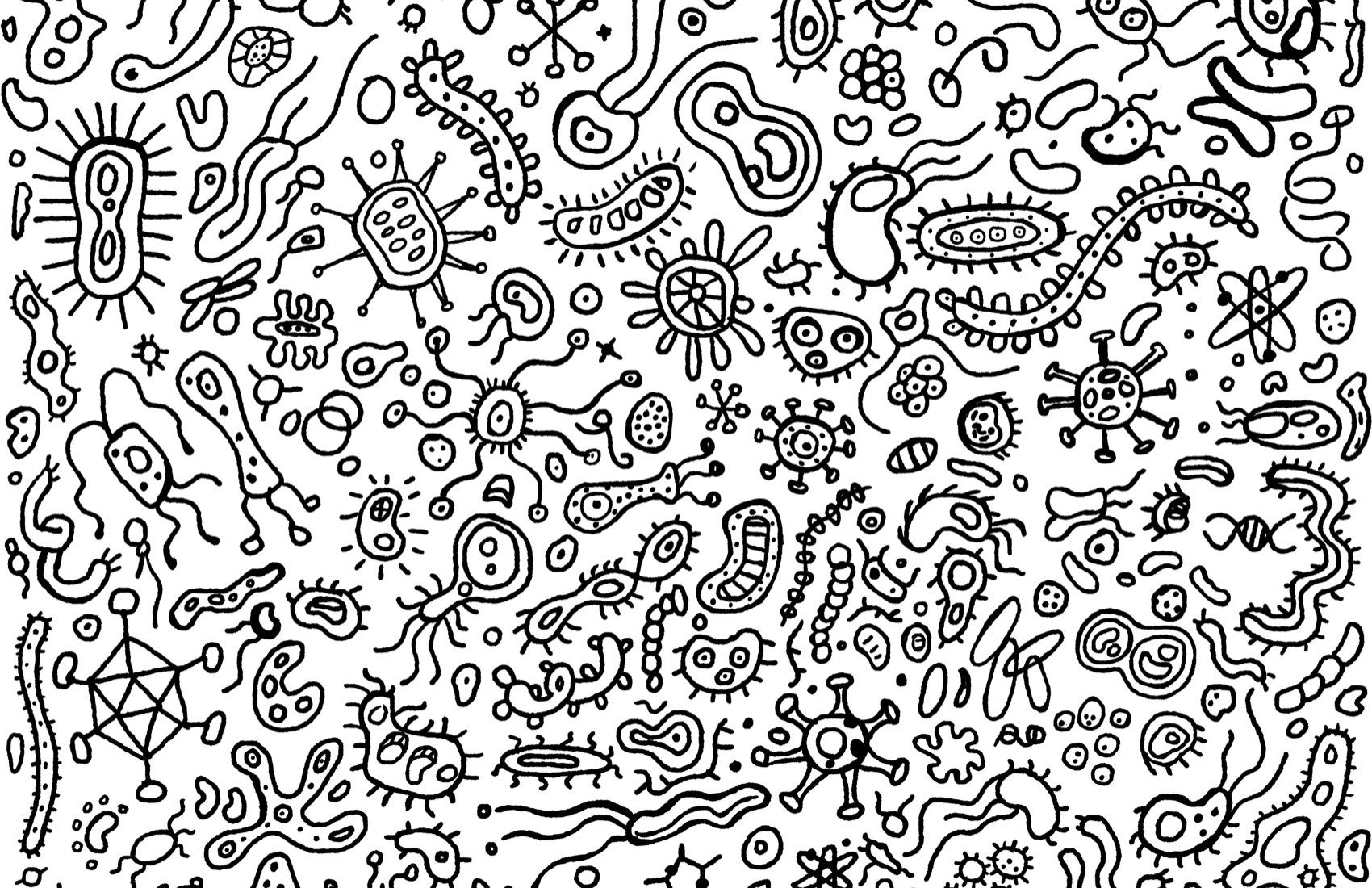 Hand-drawn black and white line art illustration featuring abstract microbial and cellular forms inspired by microscopic organisms.