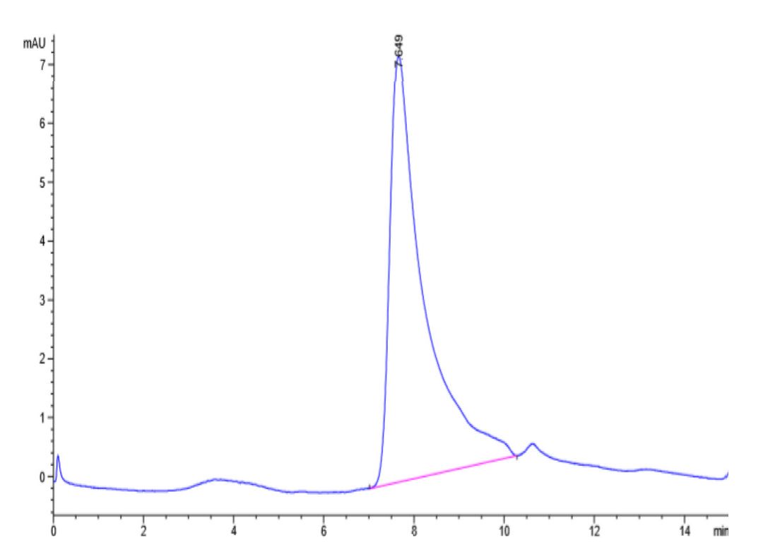 Size-exclusion chromatography (SEC) analysis of recombinant human calprotectin (S100A8/S100A9) protein, showing a primary peak at ~8.65 minutes with minor impurities, indicating protein purity and aggregation status.