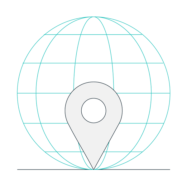Illustration of a globe with grid lines and a location pin icon placed in front, symbolizing global presence or worldwide locations