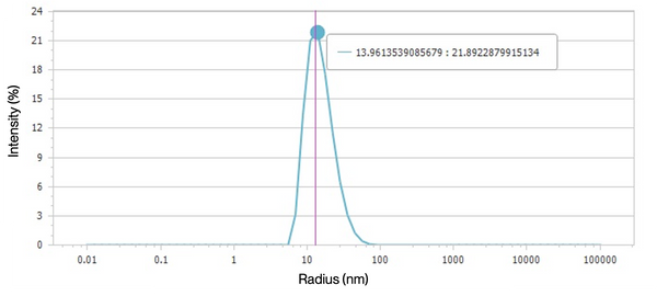 DLS analysis graph of SLC13A5 nanodisc showing particle size distribution by intensity with peak radius near 14 nm.