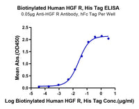 ELISA binding curve showing the interaction between biotinylated human HGF receptor (His tag) and anti-HGF R antibody (hFc tag), with mean absorbance (OD450) plotted against the log concentration of biotinylated human HGF R.